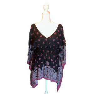 FREE PEOPLE Black & Plum Purple Print Tunic w/ Raglan Angel Wing Sleeves Size S